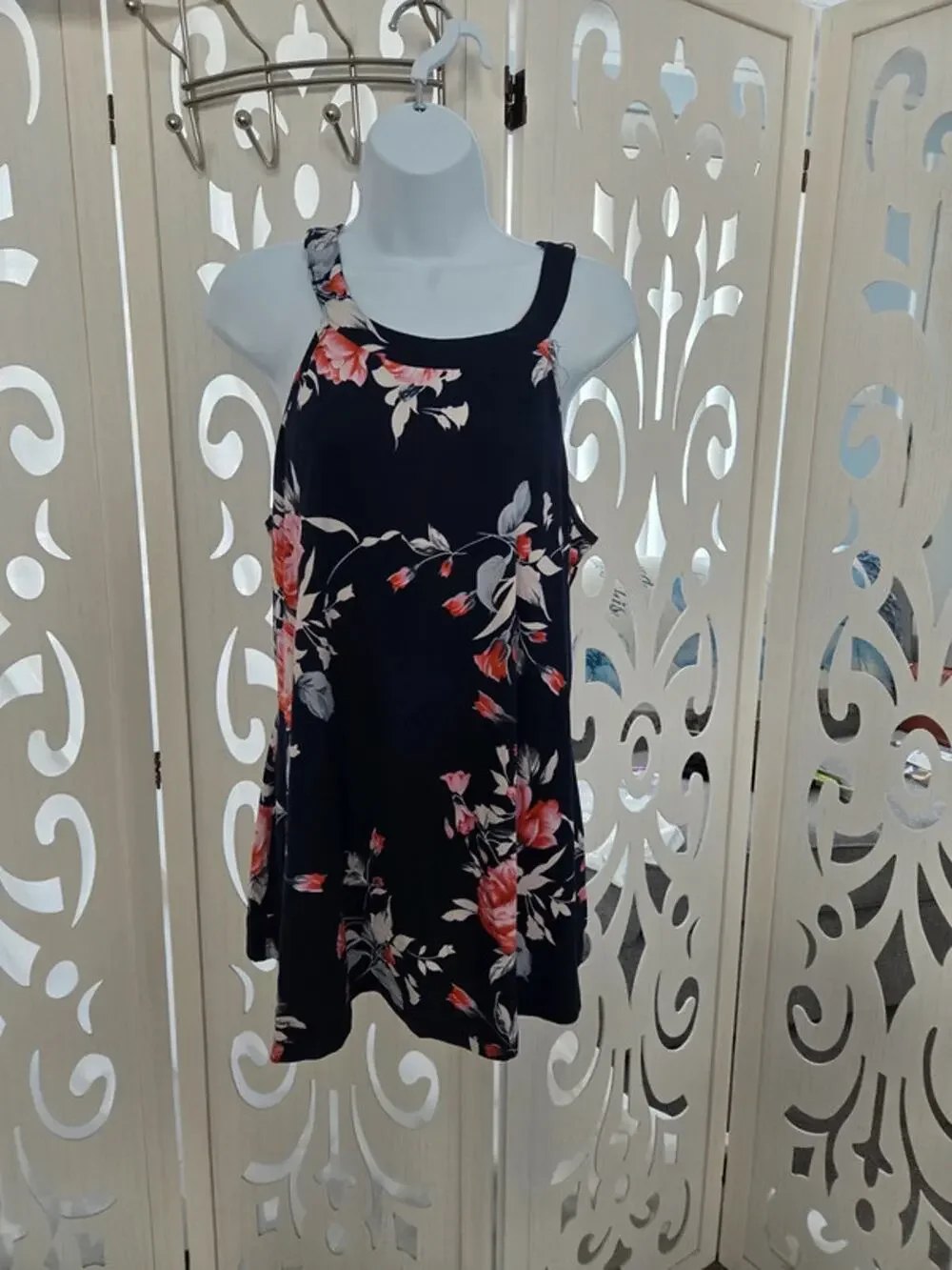 Bloomchic Floral Halter Tank Womens 12 Navy Sleeveless Flow Top Stretch